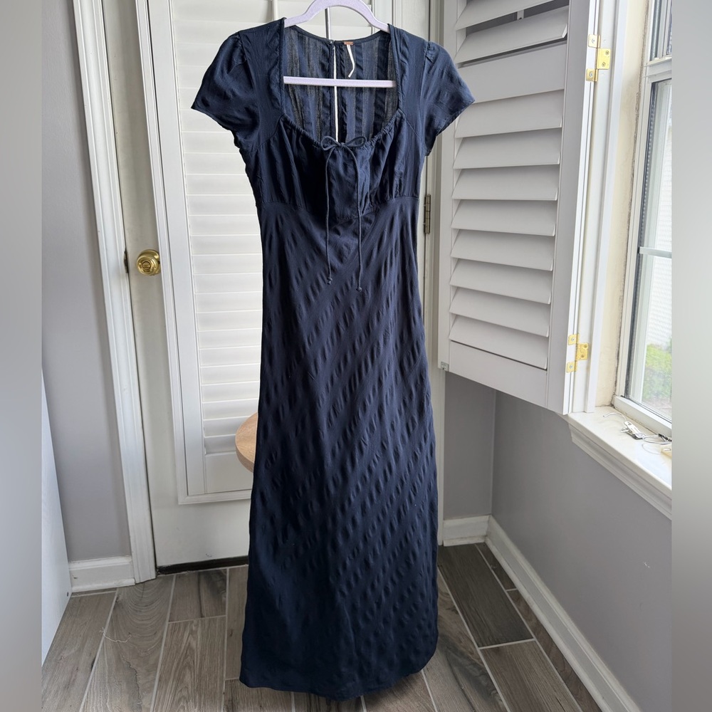 Free People Navy Square Neck Midi Dress with Front Tie size XS